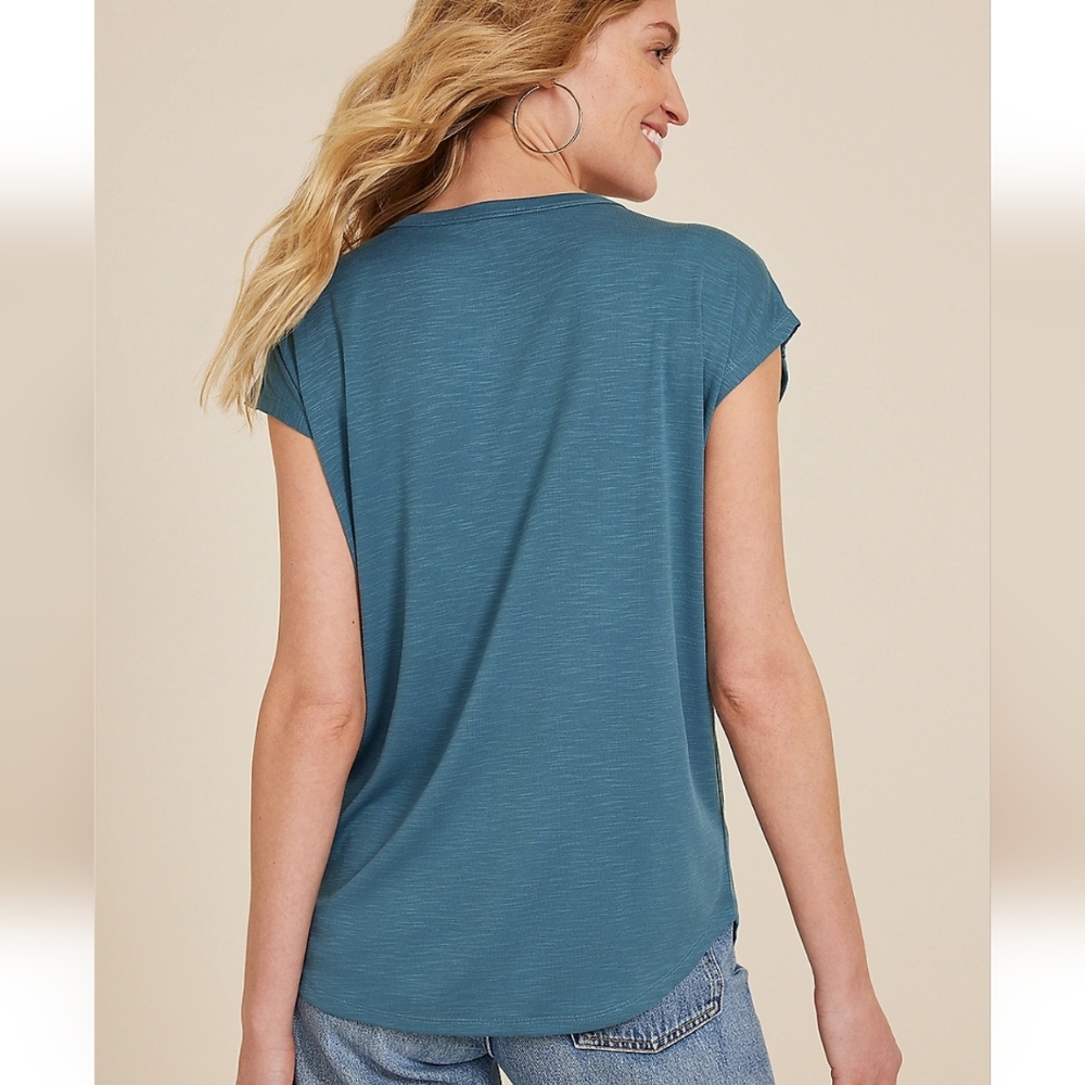 Maurices Teal Short Sleeve Smocked Yoke Tee - Picture 2 of 6
